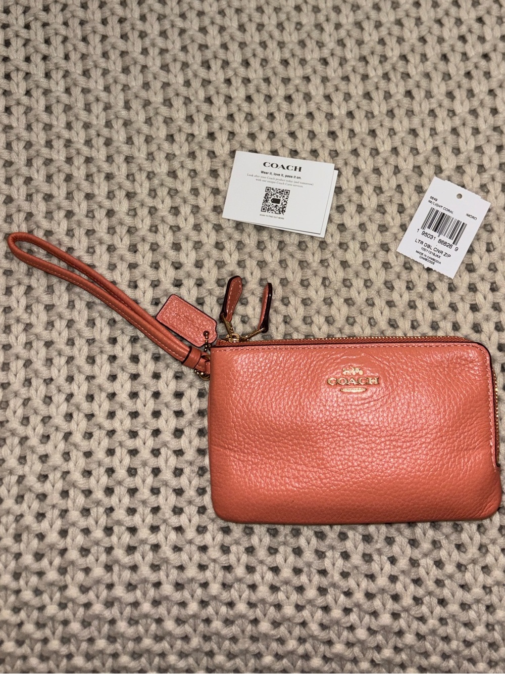 Coach Coral/Peach Gold Pebbled Leather Wristlet double corner zip